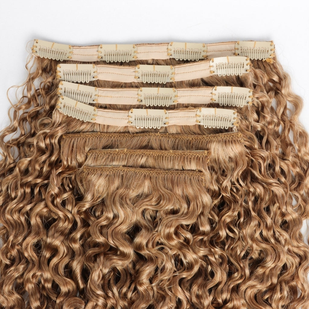 Sambi Ash blonde curly clip-in hair extensions made from 100% Remy human hair